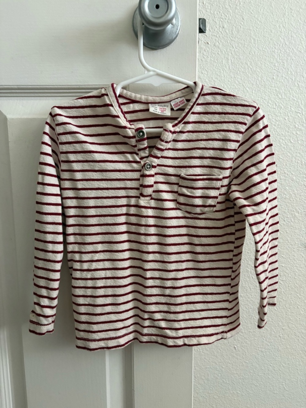 Zara Striped Henley Long-Sleeve Top - Cream with Burgundy Stripes